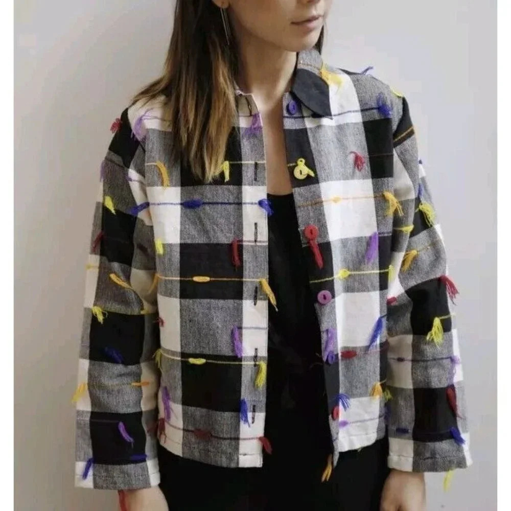 VTG 90s Drapers and Damons M Gingham Checkered Colorful Jacket Coat Button Up - Picture 2 of 13